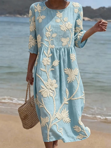 Women's Casual  Round Neck Mid Sleeve Print Cotton and Linen Dress