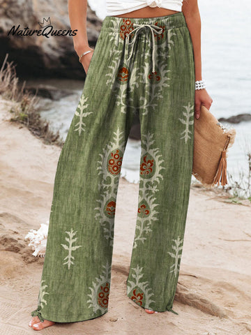 Women's Vintage Ethnic Floral Art Printed Cotton And Linen Casual Pants