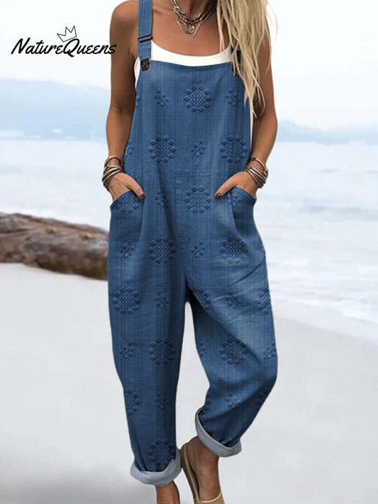 Women's Vintage Floral Pattern Art Print Casual 100% Cotton Wide Leg Jumpsuit