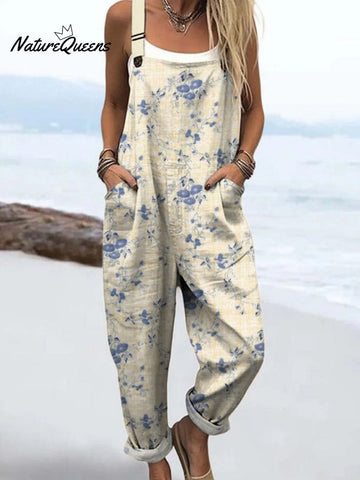 Women's Vintage Floral Art Print Casual 100% Cotton Wide Leg Jumpsuit