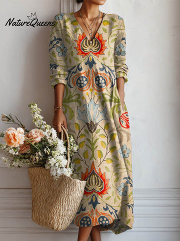 Women's Vintage Floral Pattern Art Print Cotton And Linen Pocket Dress