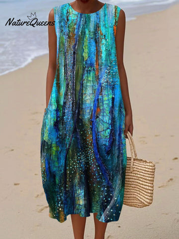 Women's  Ocean Vintage  Art Print Sleeveless Cotton Pocket Wrap Dress