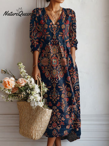 Women's Vintage Flower Art Print Linen Pocket Tunic Dress