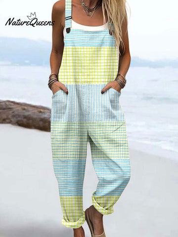 Women's Vintage Abstract Geometric Lines Art  Print Casual 100% Cotton Wide Leg Jumpsuit
