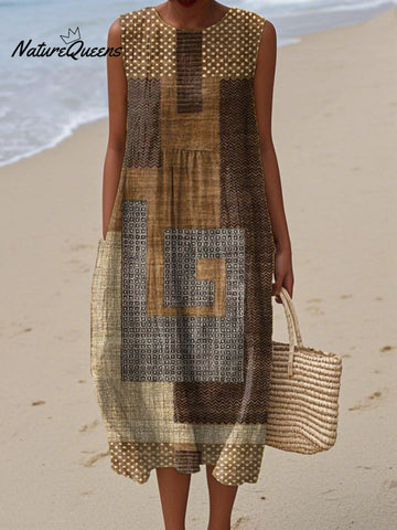 Women's Vintage Abstract Geometric Plaid Painting Art Print Sleeveless Cotton Pocket Wrap Dress