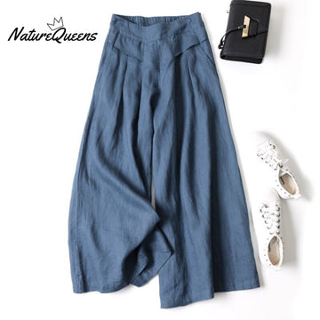 Cotton linen loose semi-elastic cropped pants