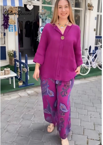 Women's Vintage Boho Floral Print Loose Cotton And Linen Long-sleeved Tops And Straight Pants Two-piece Set