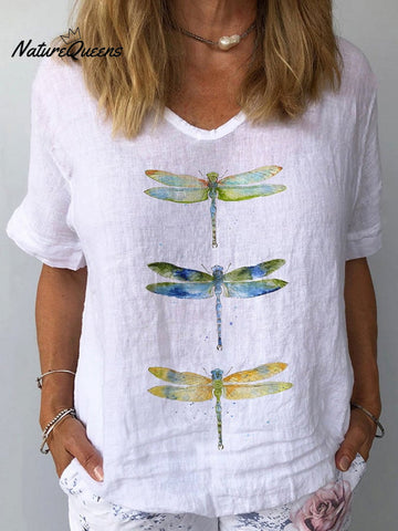 Women's Watercolor Dragonfly Print Cotton Linen Shirt