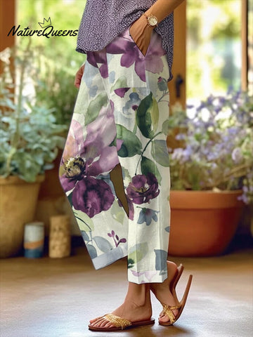 Women's Botanical Floral Design Loose Pocket Patchwork Casual Pants