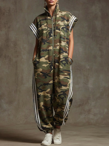 Women's camouflage print stand-collar short-sleeved casual loose cotton wide-leg jumpsuit