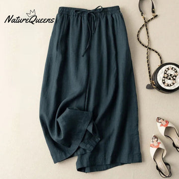 Dropping cotton and linen cropped wide-leg pants