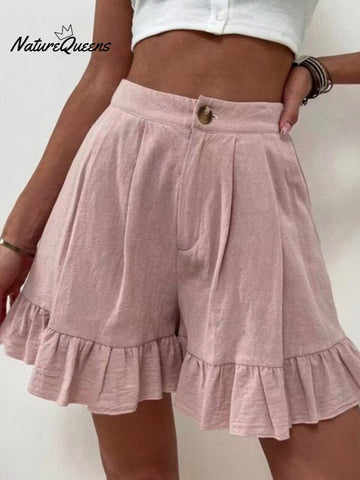 Women Summer Cotton Casual Plain Natural Ruffled Shorts