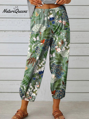 Women's  Floral Art Printed Cotton And Linen Casual Pants