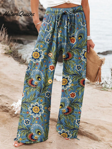 Women's  Floral  Art Printed Cotton And Linen Casual Pants