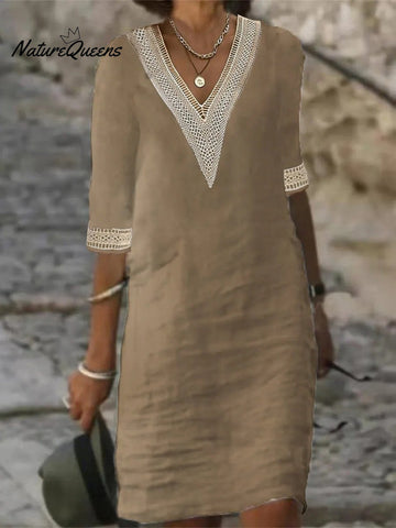 V-neck Mid-sleeved Cotton and Linen Casual Dress