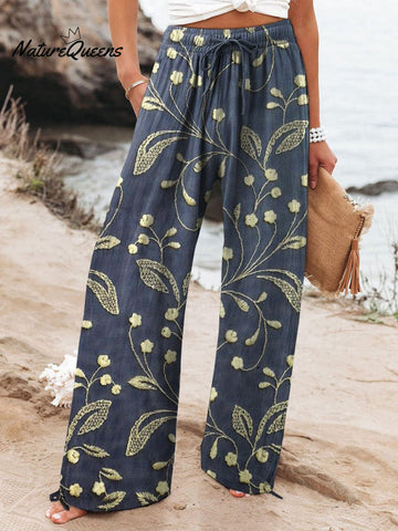 Women's Vintage Floral Art Printed Cotton And Linen Casual Pants