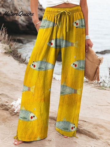 Women's Vintage Fish Art Print Cotton And Linen Casual Pants