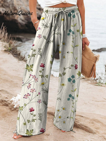 Women's Vintage Floral Art Printed Cotton And Linen Casual Pants