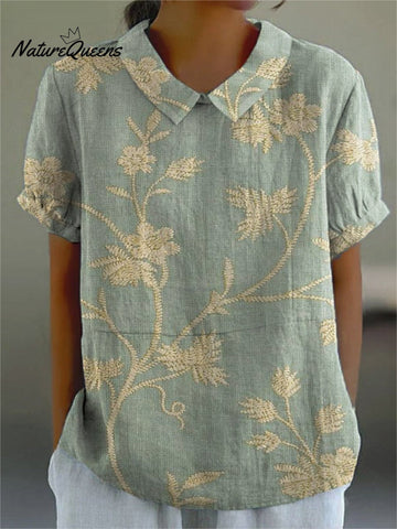 Women's Retro Floral Art Print Casual Cotton And Linen Shirt