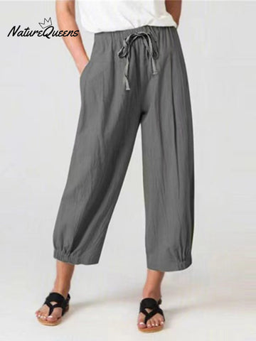 Women's Slacks with Cotton and Linen Drawstring Pockets