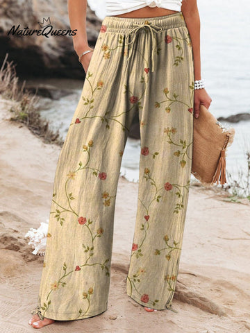 Women's Vintage Floral Art Printed Cotton And Linen Casual Pants