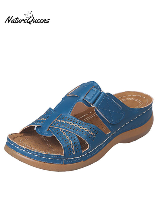 Women's Wedges with Thick Bottom Cut Out Stitching Stripes Slippers