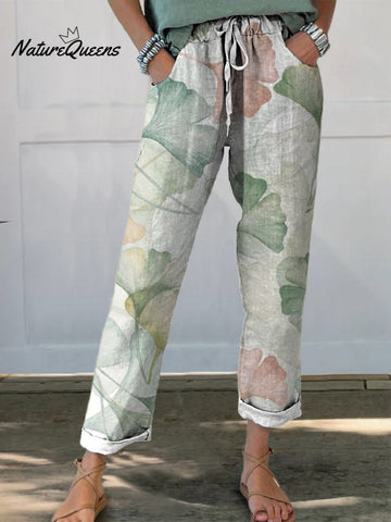 Women's Vintage Leaves Floral Printed Cotton And Linen Casual Pants