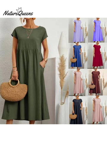 Women's Solid Color Cotton Linen Round Neck A-Line Dress