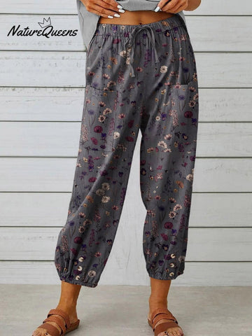 Women's  Floral Art Printed Cotton And Linen Casual Pants