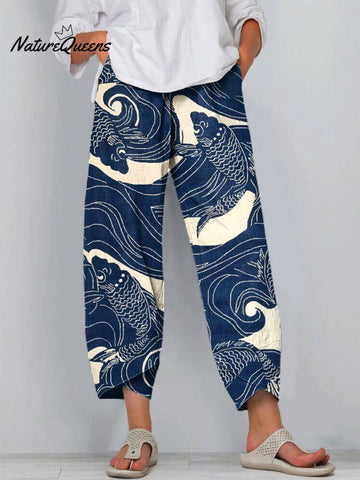Women's Fish  Art  Printed Cotton And Linen Casual Pants