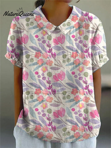 Watercolor Spring Garden Floral Repeat Pattern Printed Women's Casual Cotton And Linen Shirt