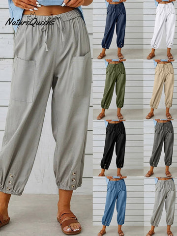 High-waisted Buttoned Cotton and Linen Pants Cropped Pants