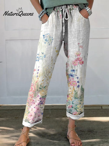 Women's Vintage Botanical Floral Printed Cotton And Linen Casual Pants