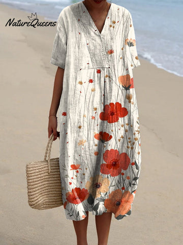 Watercolor Poppy Floral Art Pattern Printed Women's Flowy Dress