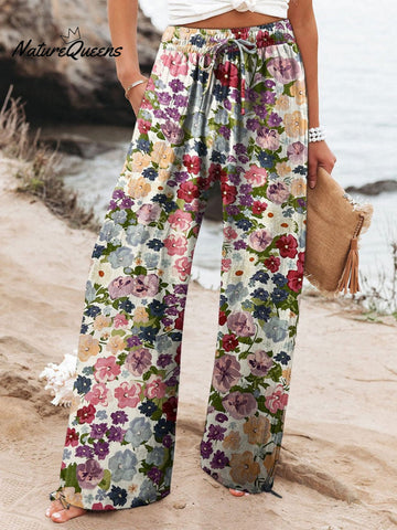 Women's  Floral  Art Printed Cotton And Linen Casual Pants