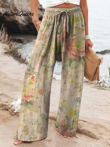 Women's Vintage Floral Art Printed Cotton And Linen Casual Pants