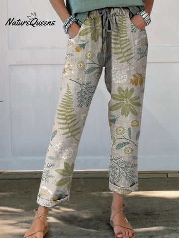 Women's Retro Floral Elegant Art Printed Cotton And Linen Casual Pants