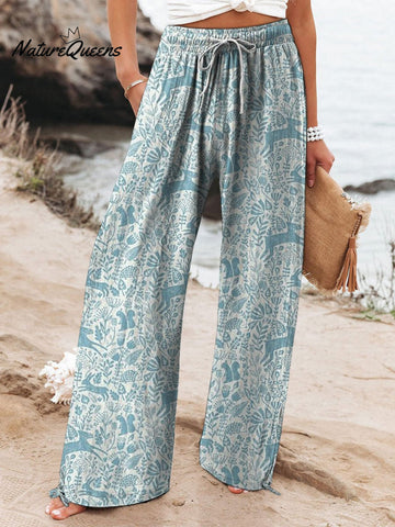 Batik Style Spring Woodland Pattern Printed Women's Cotton And Linen Casual Pants