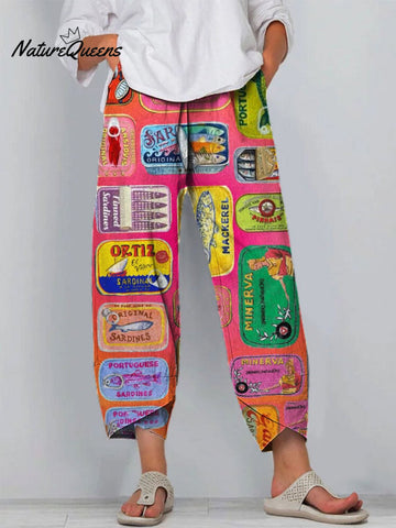 Women's Fish Art  Printed Cotton And Linen Casual Pants