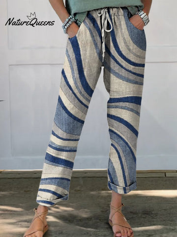 Wavy Stripe Print Women's Printed Cotton And Linen Casual Pants