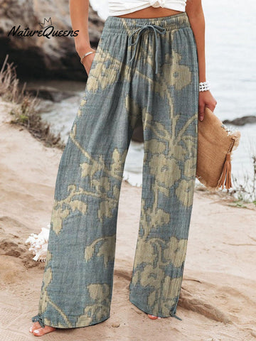 Women's Vintage Floral Art Printed Cotton And Linen Casual Pants