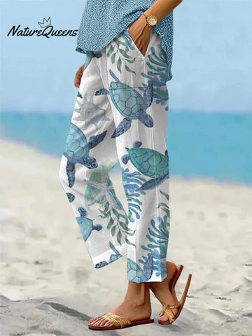 Women's Beach Vacation Turtle Art Printed 100%Cotton Casual Pants
