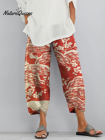 Women's Japanese  Art  Printed Cotton And Linen Casual Pants