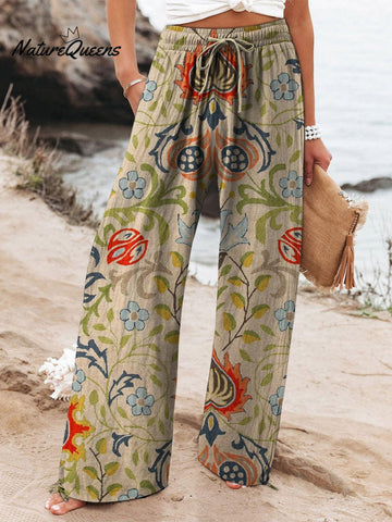 Women's Vintage Ethnic Floral Art Printed Cotton And Linen Casual Pants