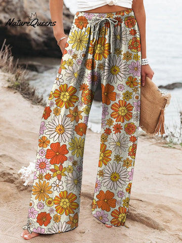 Retro Style Daisy And Chrysanthemum Repeat Pattern Printed Women's Cotton And Linen Casual Pants