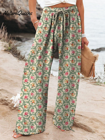 Women's Vintage Floral Art Printed Cotton And Linen Casual Pants