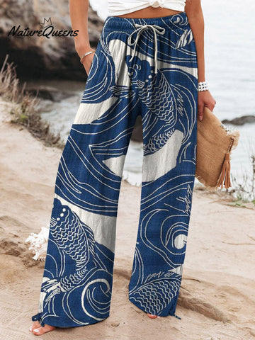 Women's Vintage Ethnic Fish Art Printed Cotton And Linen Casual Pants