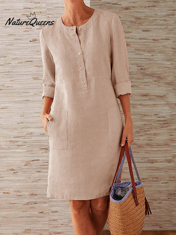 Spring Cotton And Linen Round Neck Long Sleeve Dress