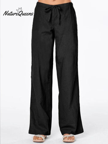 Women's Solid Colour Tie Casual Wide Leg Linen Pants