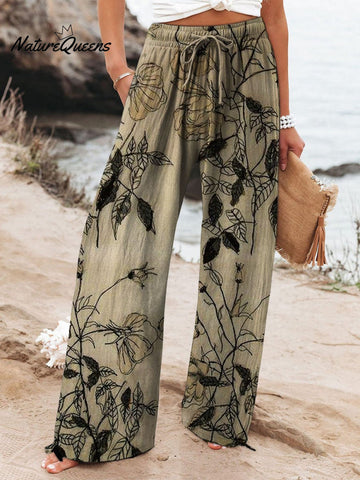 Women's Vintage Floral Art Printed Cotton And Linen Casual Pants